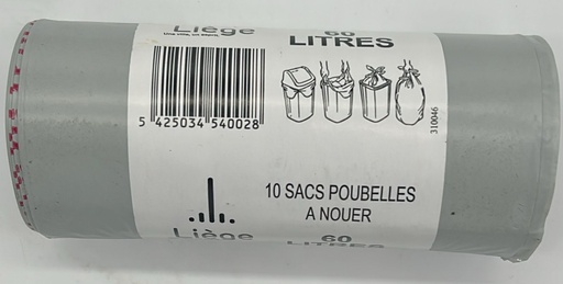[42-03-007] Sac poubelle Liège - Gris - 60 L - 10 Sacs/rouleau